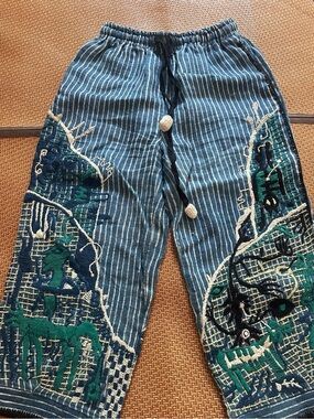 Like NEW Handmade in Thailand plant dye linen Pants with Stitchwork